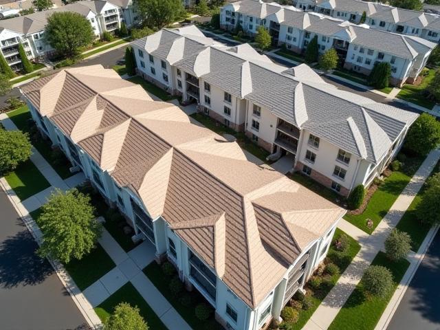 Roofline of a well-maintained condominium complex.