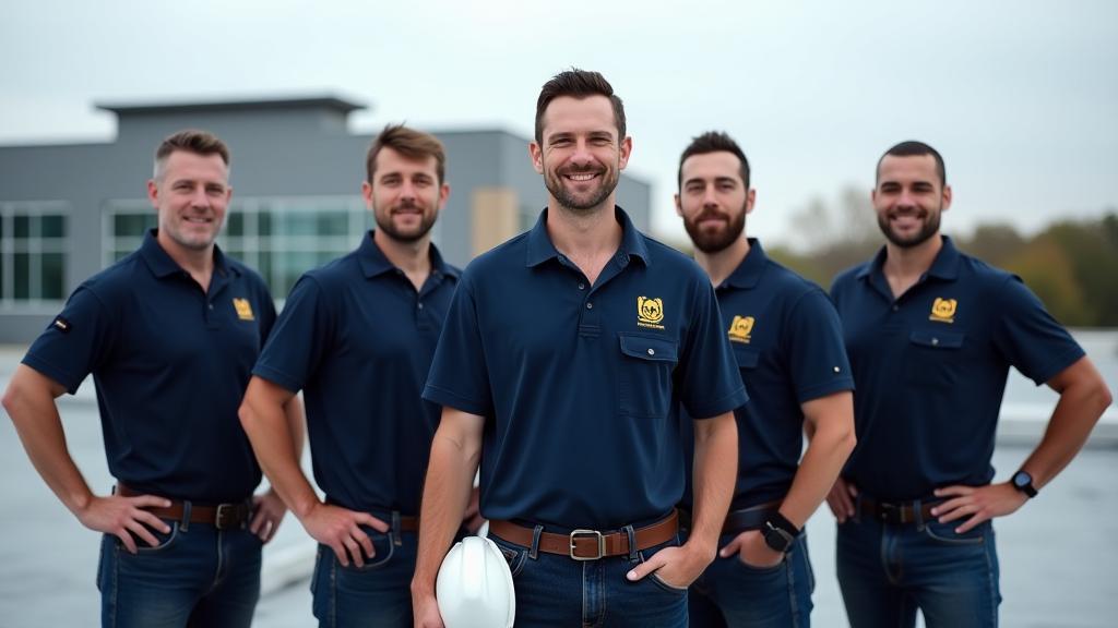 Professional photo of the Legacy Roofing team smiling confidently on a job site.