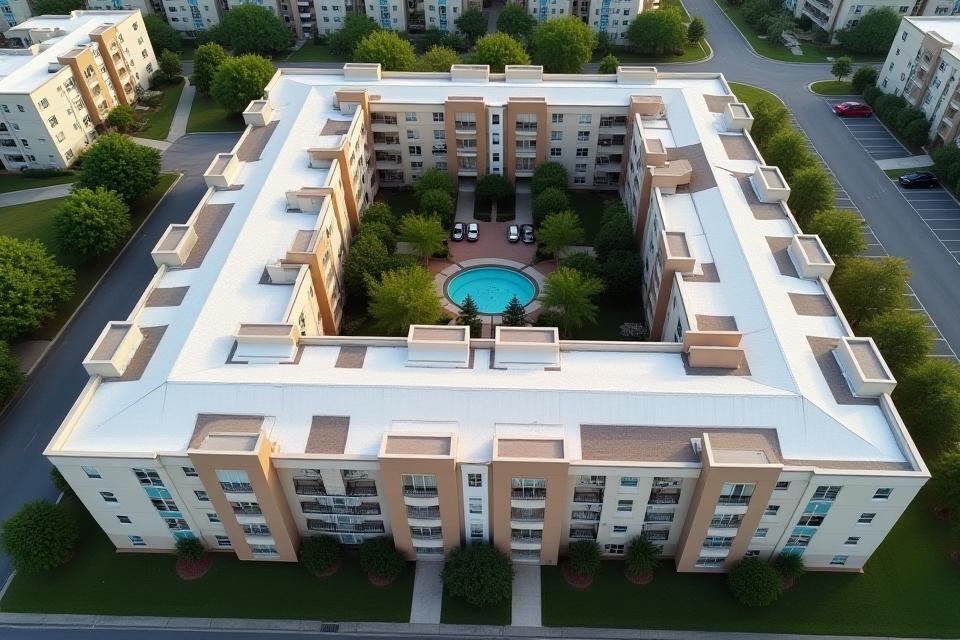 Expansive condominium complex with recently updated roofing.