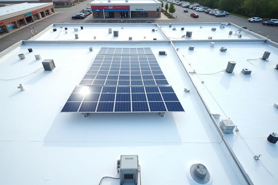 Retail center rooftop featuring newly installed solar panels.