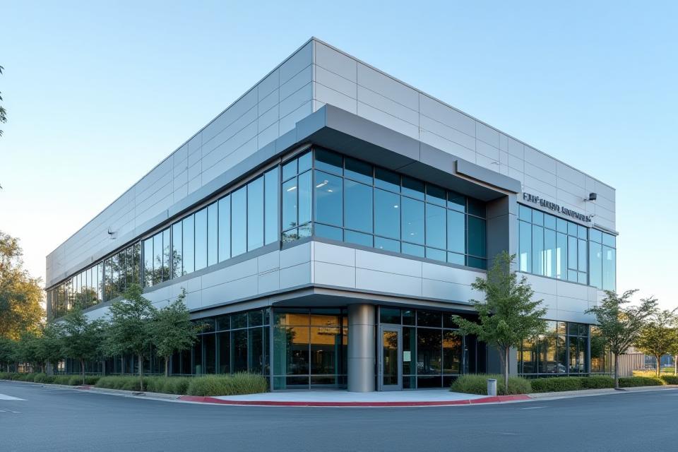 Modern office building in San Jose with new, clean roofing.