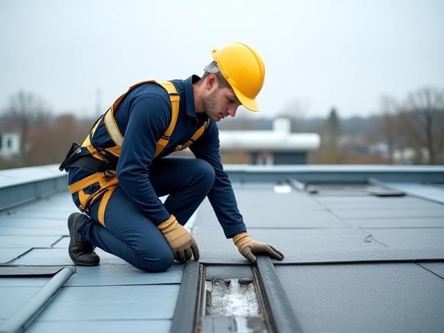 Professional inspecting a roof for maintenance.